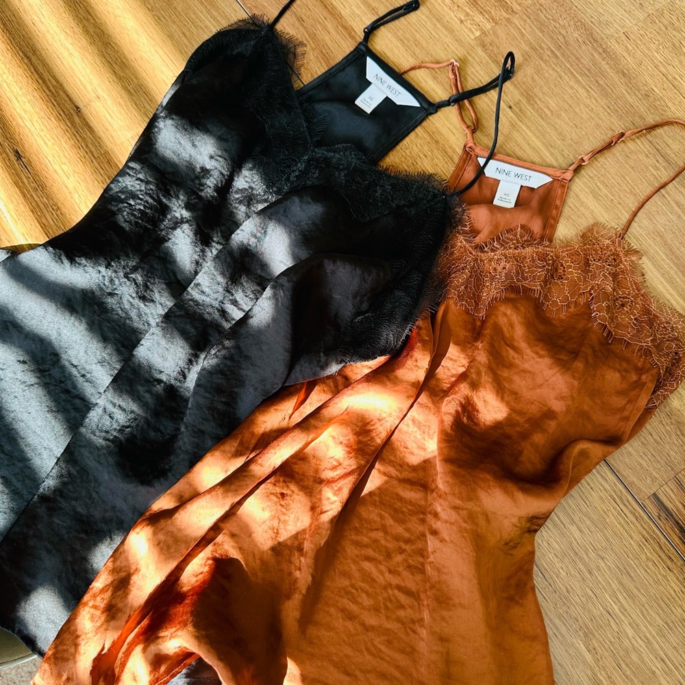 Nine West Satin Slip Tanks in Black and Orange